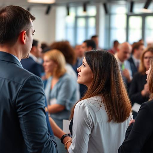 Fotografía de un evento corporativo con personas interactuando